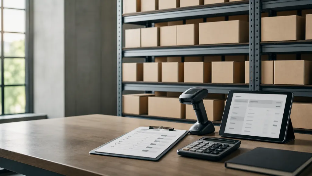 Inventory accounting workspace with unbranded warehouse boxes, barcode scanner, calculator, and inventory records