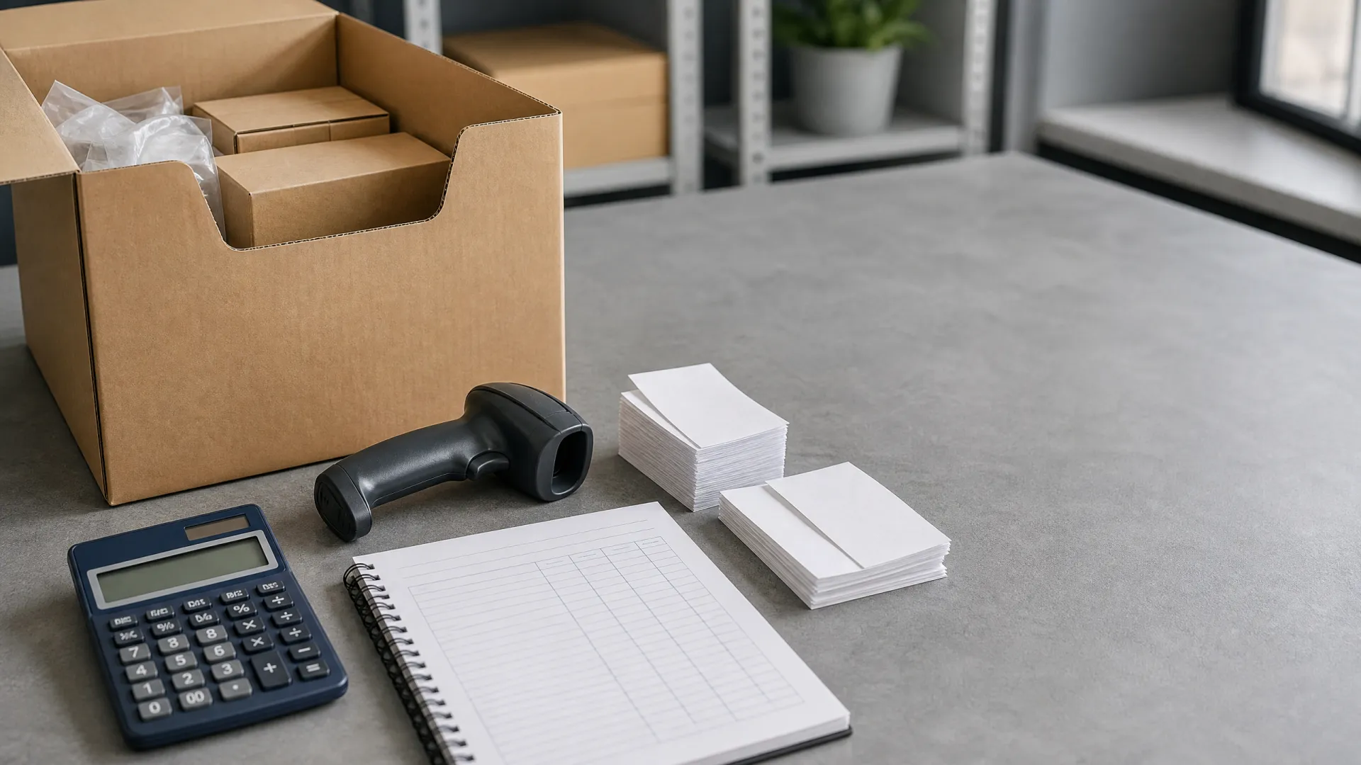Unbranded inventory bin with barcode scanner, calculator, and inventory ledger