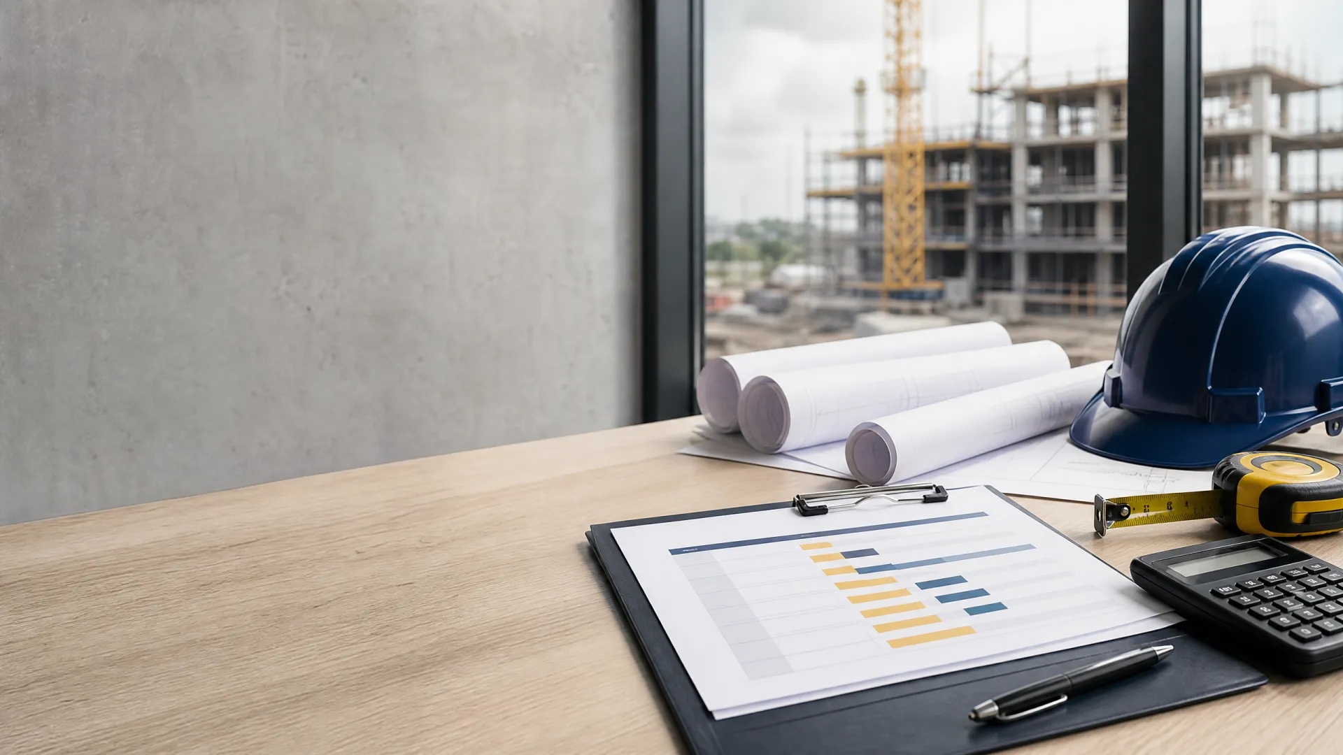 Construction retainage accounting desk with job-cost report, calculator, blueprints, construction site, and hard hat