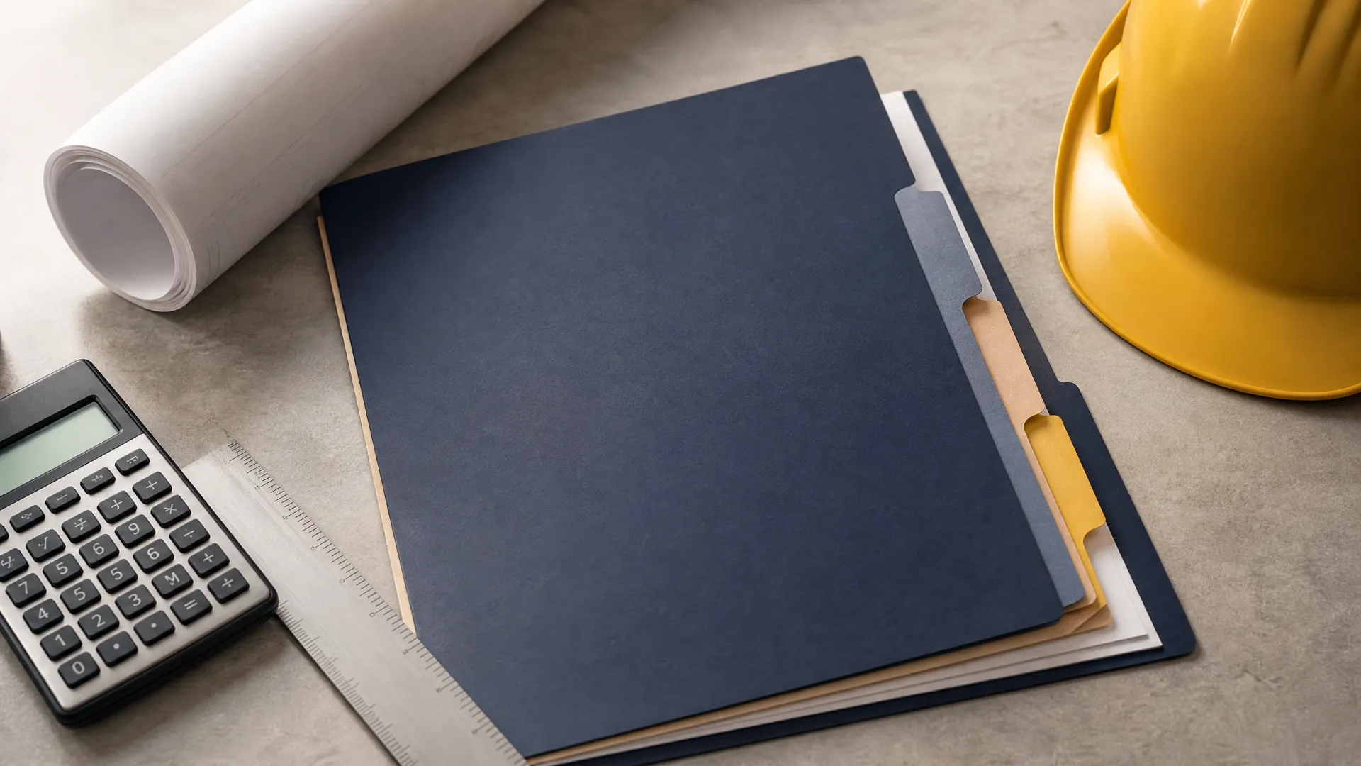Construction project billing folder with calculator, ruler, hardhat, and blank plans