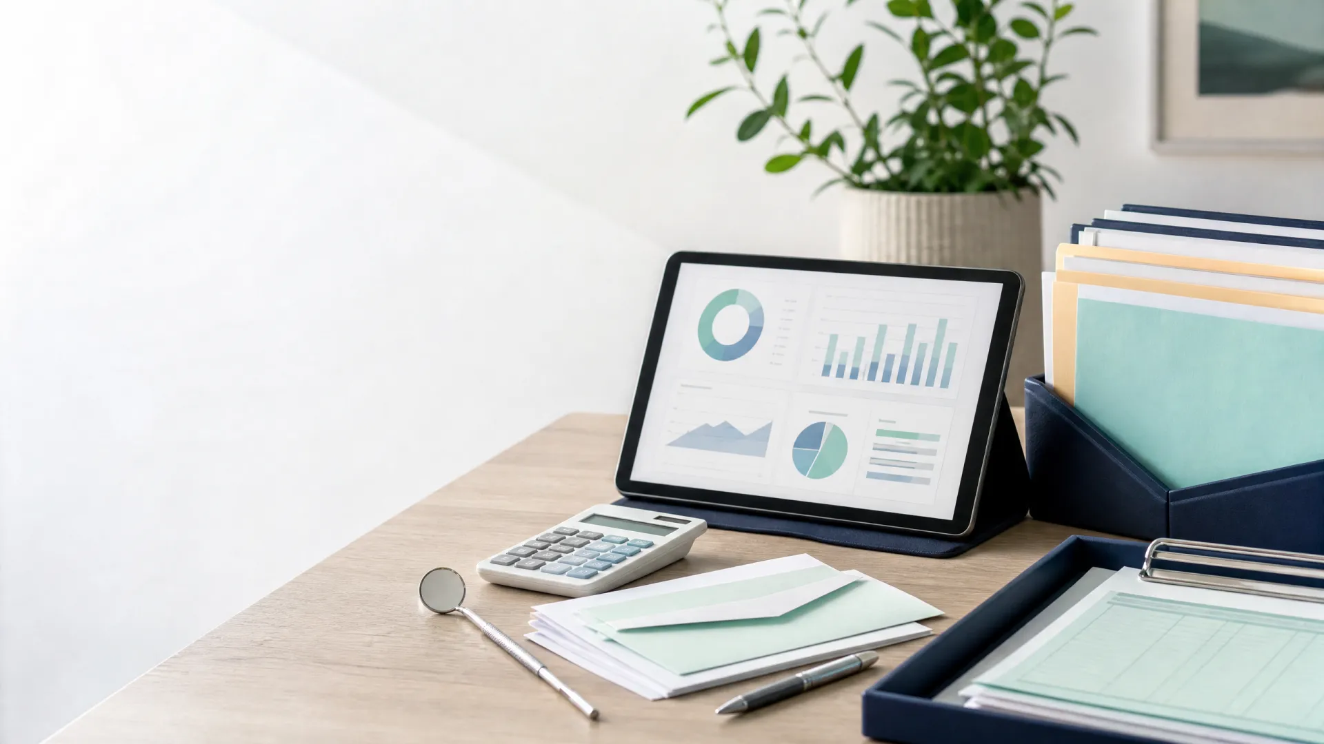 Dental practice bookkeeping desk with practice reports, calculator, payment envelopes, files, and dental mirror