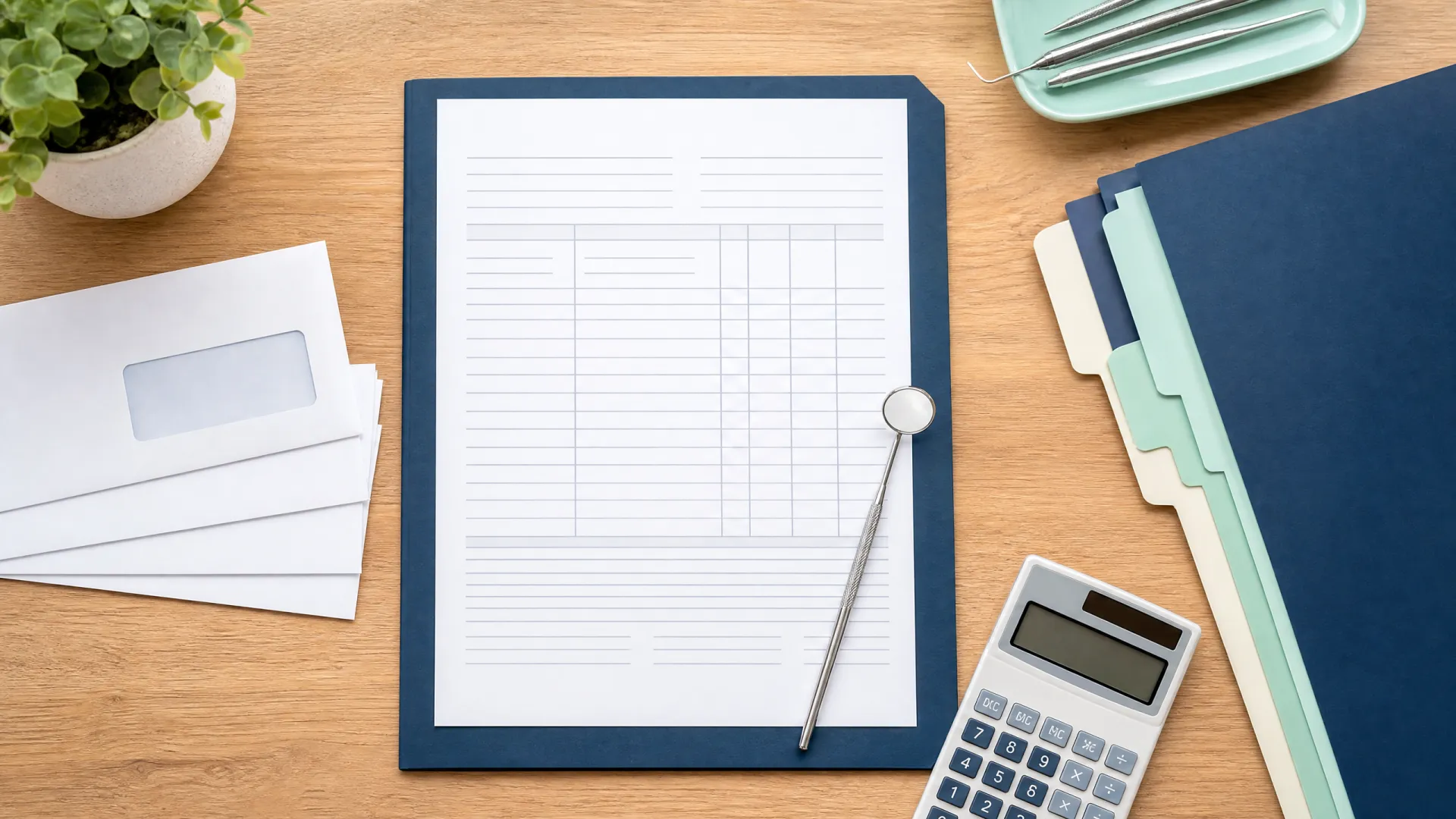 Dental practice bookkeeping workspace with generic payment envelopes, reconciliation sheet, calculator, and files