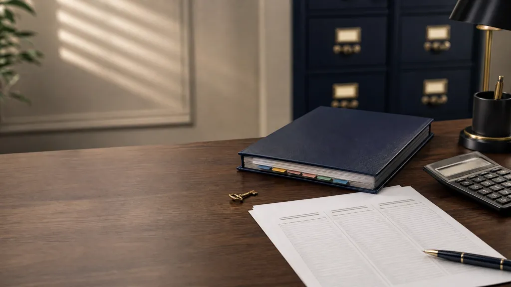 Law firm trust accounting desk with secure client file, reconciliation worksheet, calculator, and key