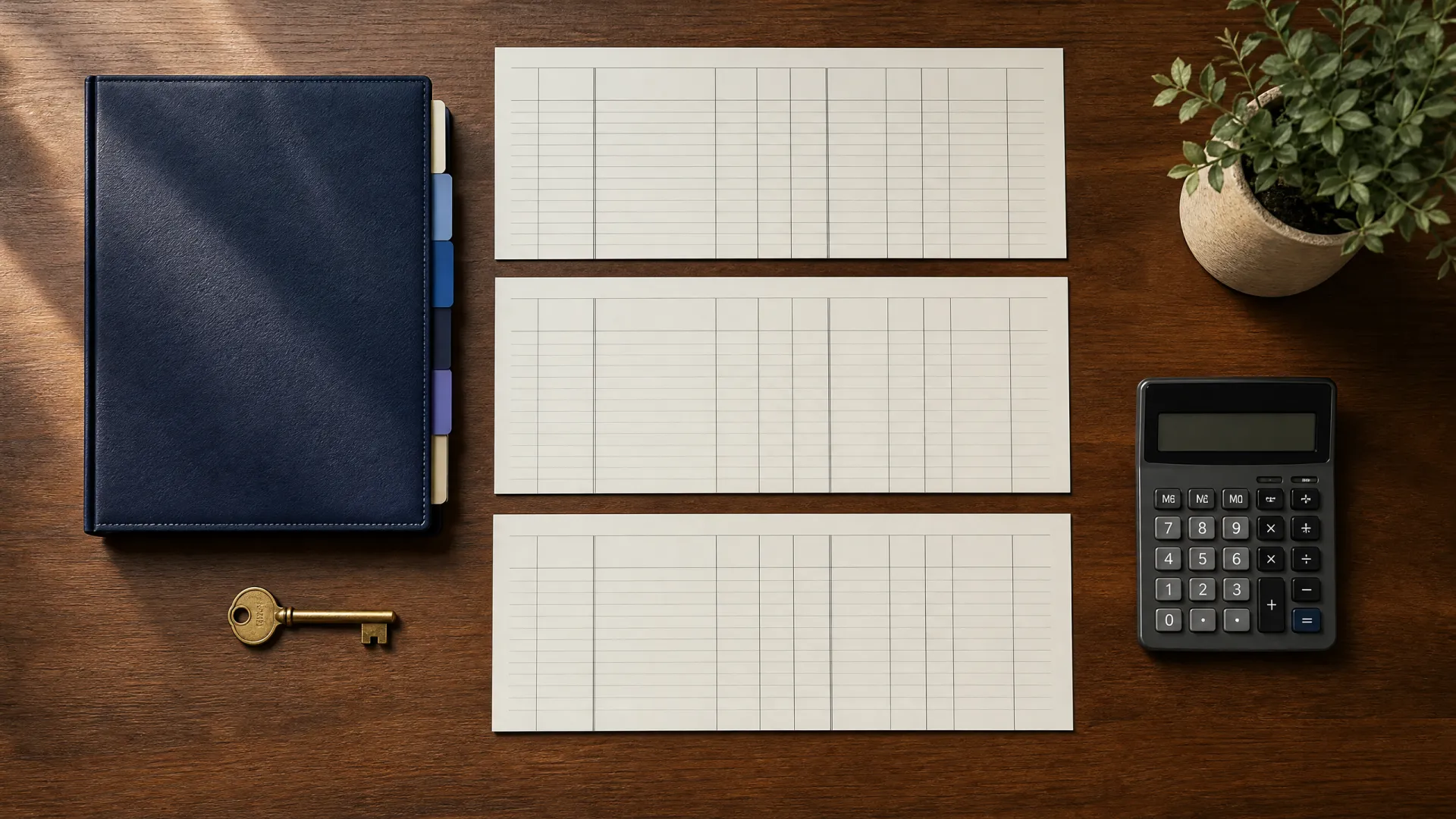 Three blank reconciliation ledgers with client file, key, and calculator on an organized desk
