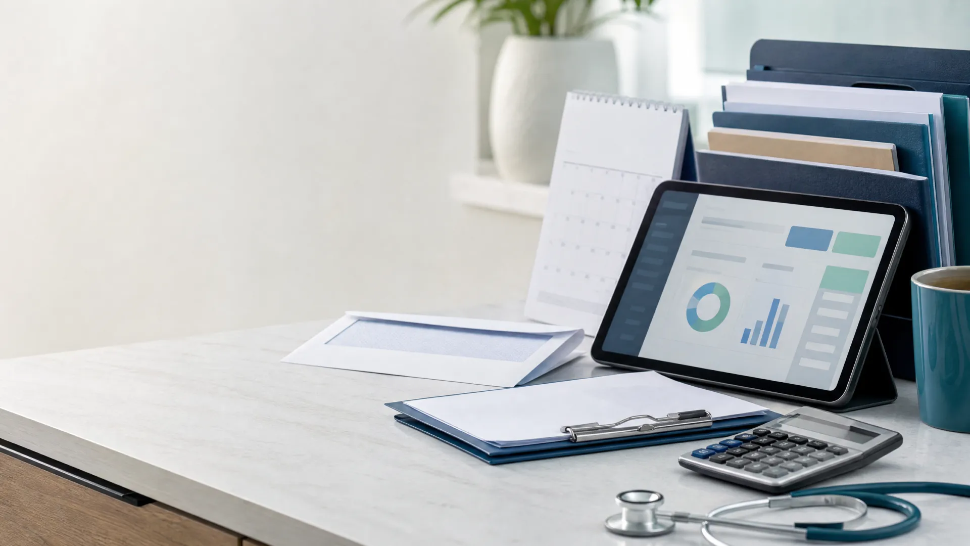 Medical practice bookkeeping workspace with secure report tablet, filing tray, deposit envelope, calculator, and stethoscope