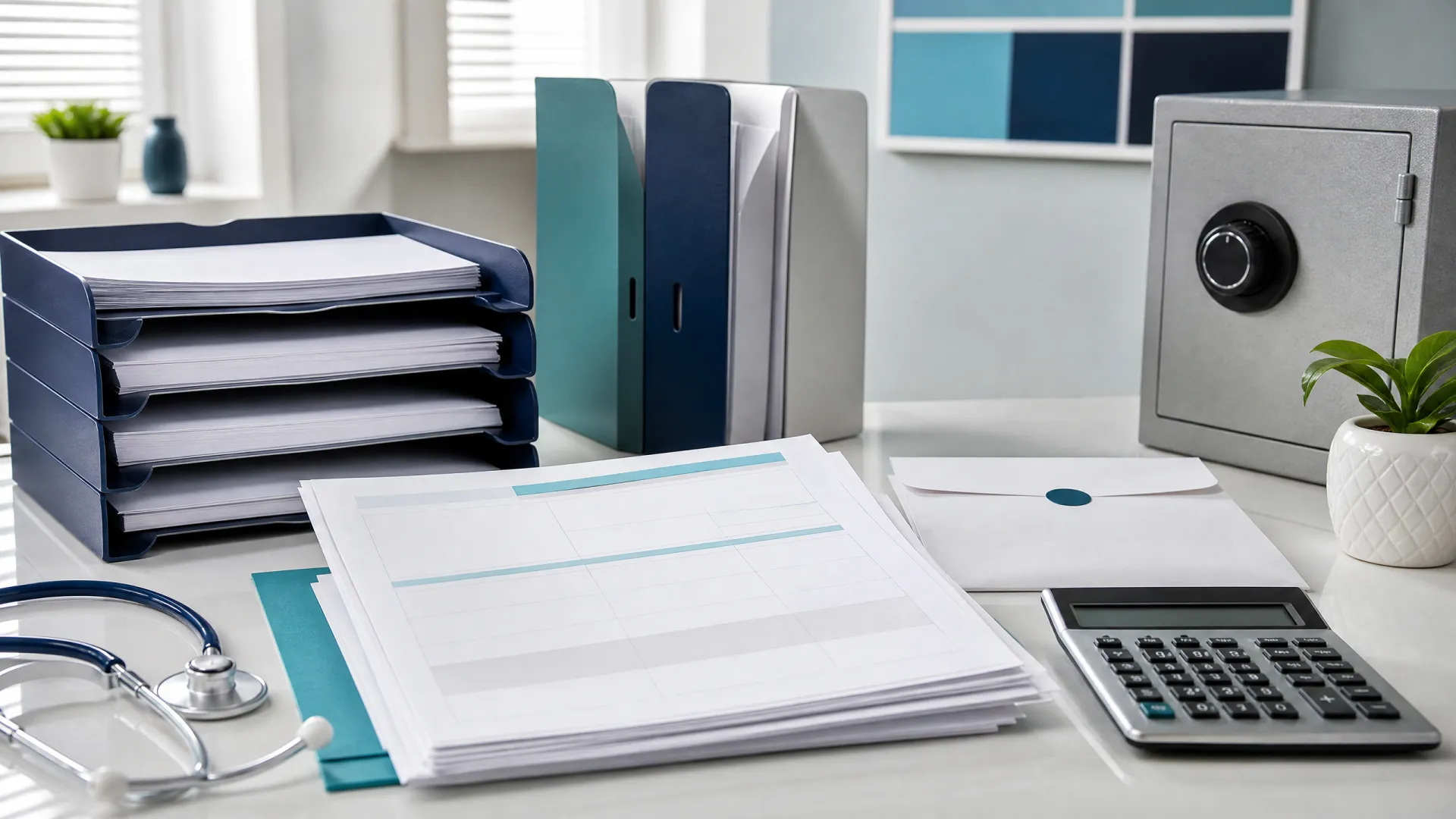 Secure medical practice bookkeeping station with filing trays, generic reports, deposit envelope, calculator, and stethoscope