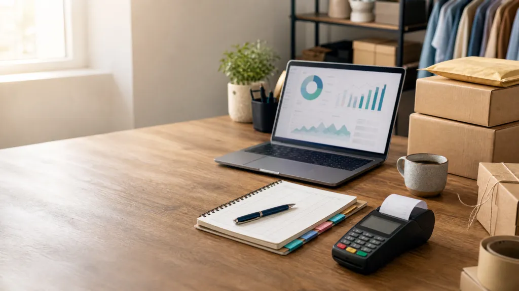 Shopify bookkeeping workspace with online store packages, payment terminal, and reconciliation records
