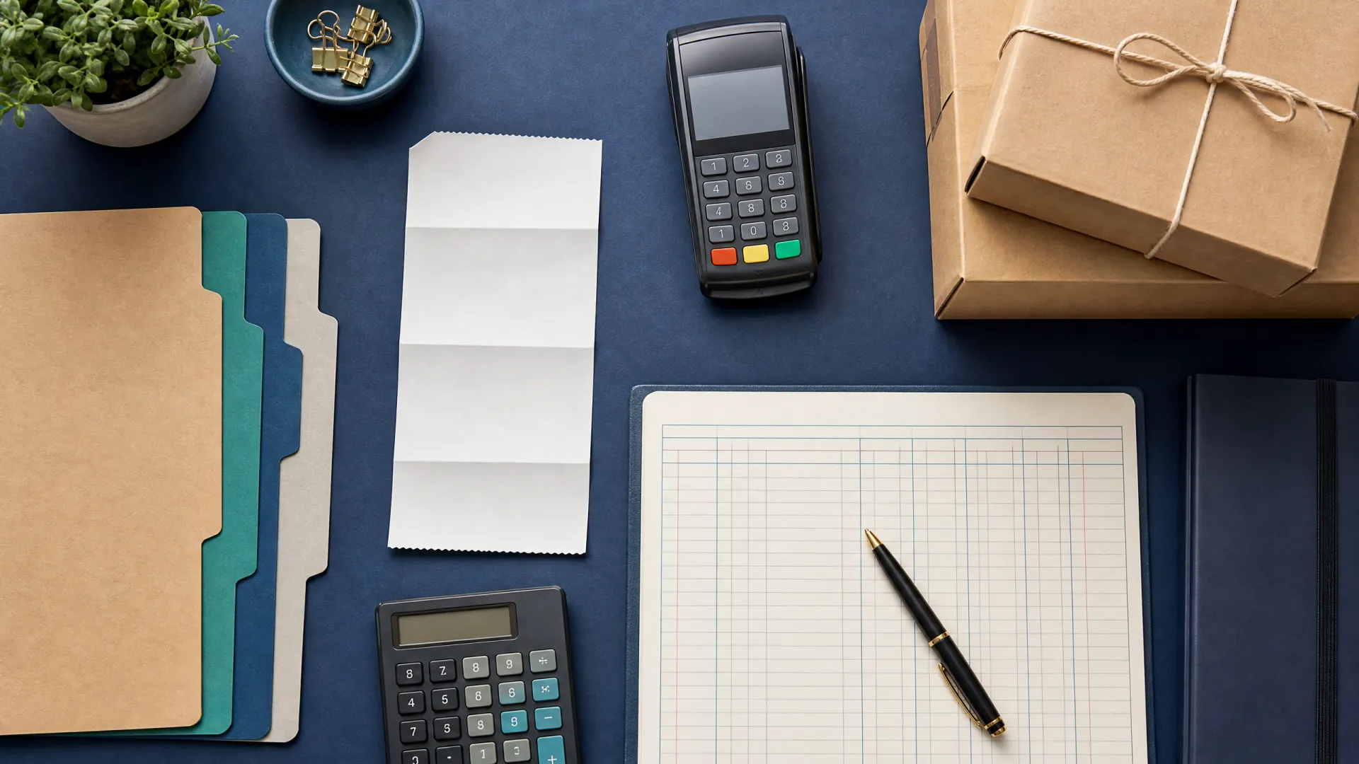 Organized Shopify bookkeeping reconciliation workspace with payment terminal, packages, receipt, and ledger