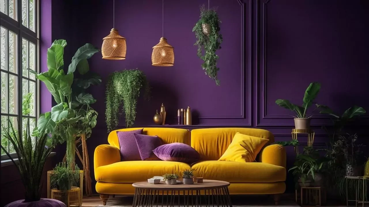 Cat Warna Ungu Dan Kuning Bagian Dalam Rumah Yang Elegan Dan Mewah
