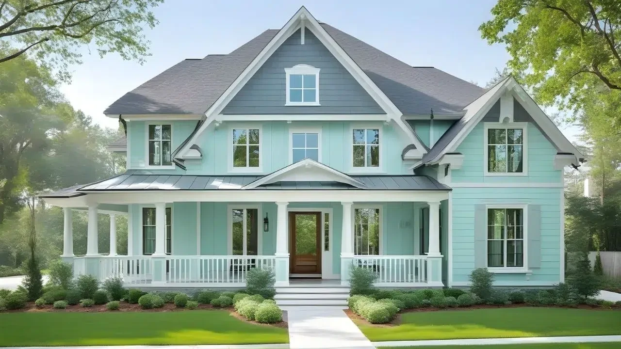Kombinasi Warna Cat Eksterior Abu Abu Dan Pale Aqua Yang Elegan Dan Mewah