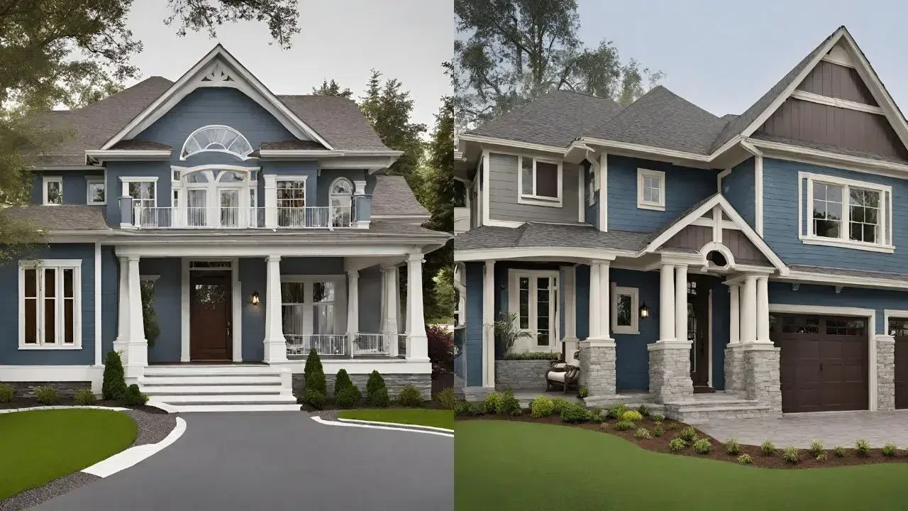 Kombinasi Warna Cat Eksterior Misty Grey, Blue Lake, Dan Coklat Yang Elegan Dan Mewah