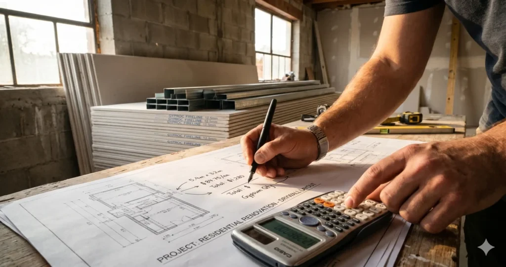 Seseorang menghitung estimasi biaya dan harga gypsum plafon beserta rangka hollow untuk renovasi ruangan