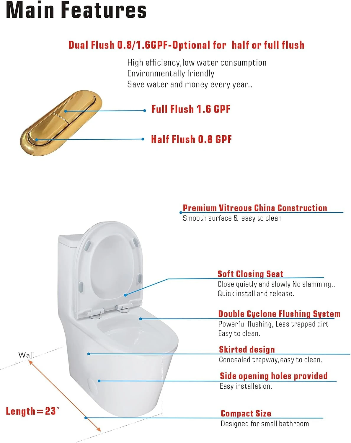 WinZo 23-Inch Small Toilet One Piece with Golden Push Button