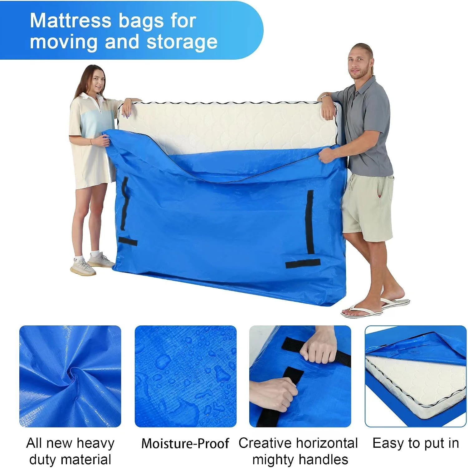 Elcamo Mattress Bags for Moving Reusable Heavy Duty Tarp Mattress Storage Bag Queen with Handles Strong Zipper Closure