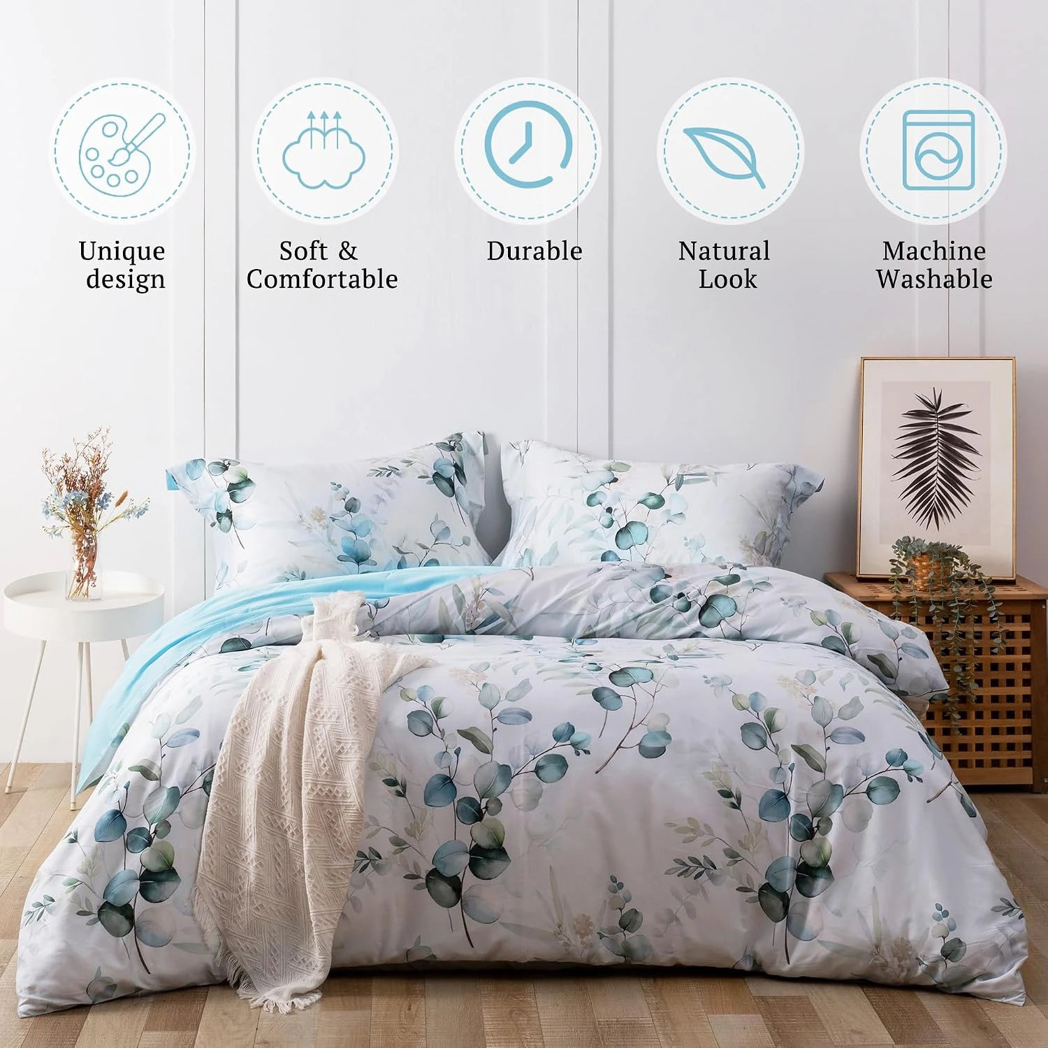 Mildly 100% Egyptian Cotton Duvet Cover Set Baby Blue Teal Gradient Leaf Patten Printed Unique Design Reversible Comforter Cover Set Queen Size