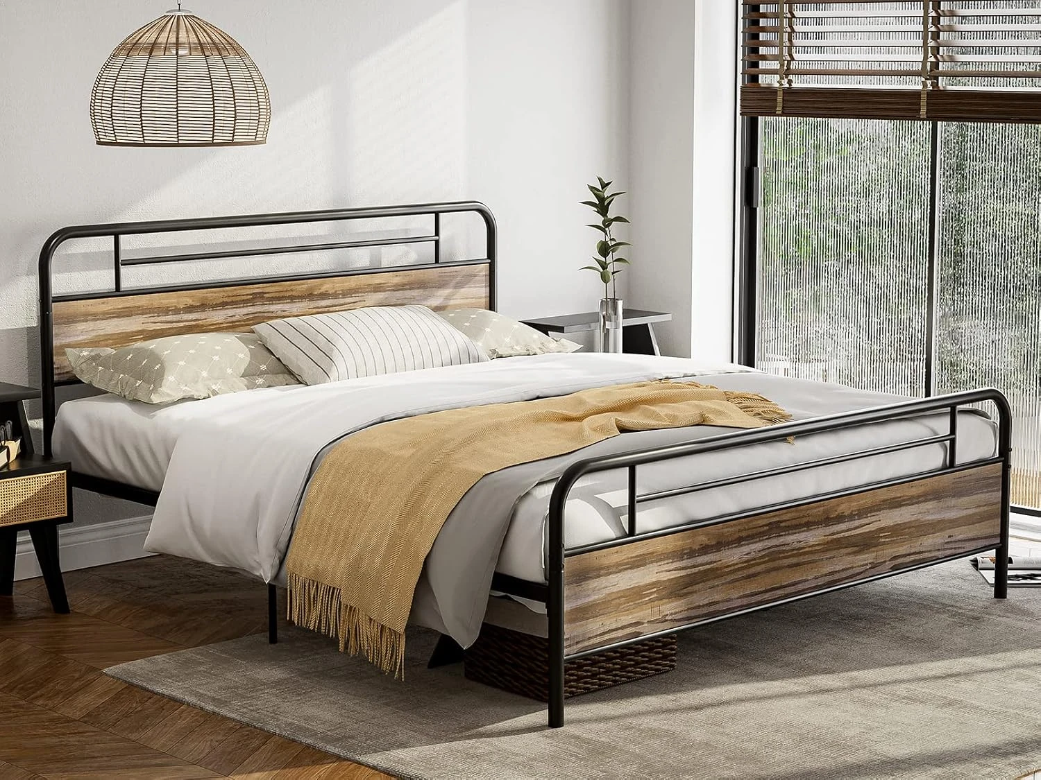 Ikifly California King Size Metal Platform Bed Frame with Wood Headboard Footboard