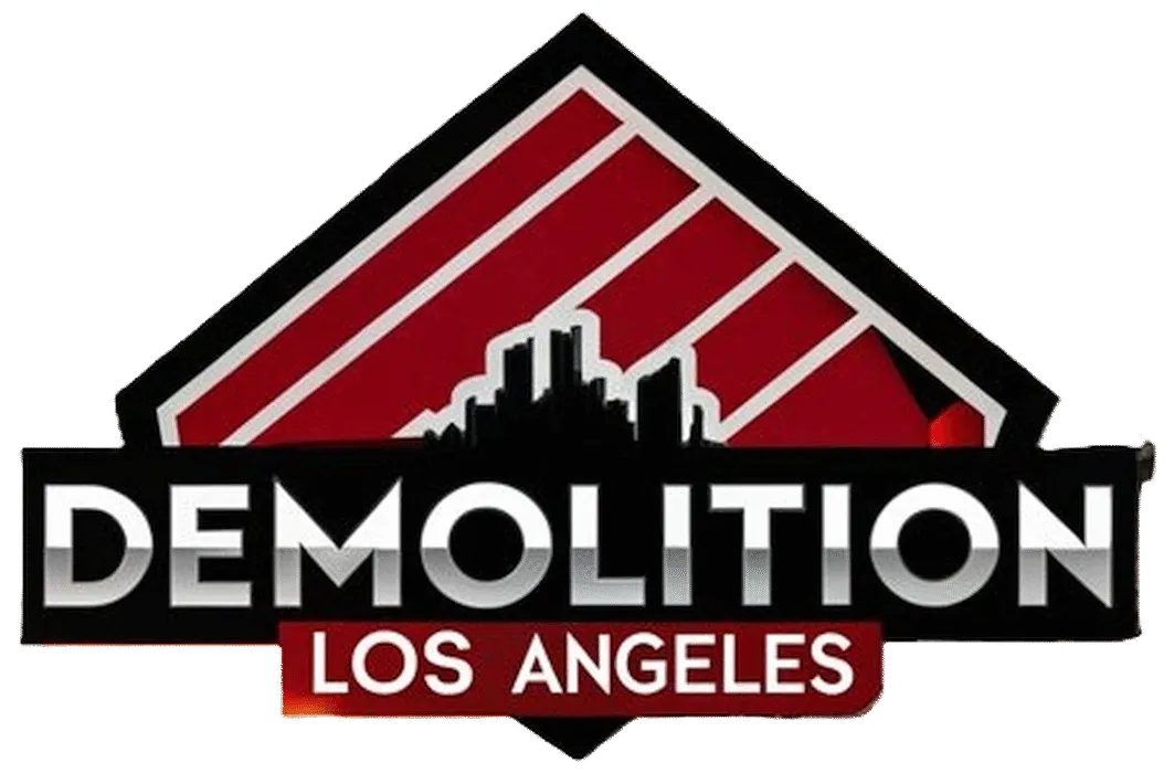 A logo featuring a stylized city skyline with diagonal red stripes in the background and the words DEMOLITION LOS ANGELES in bold white and red letters.