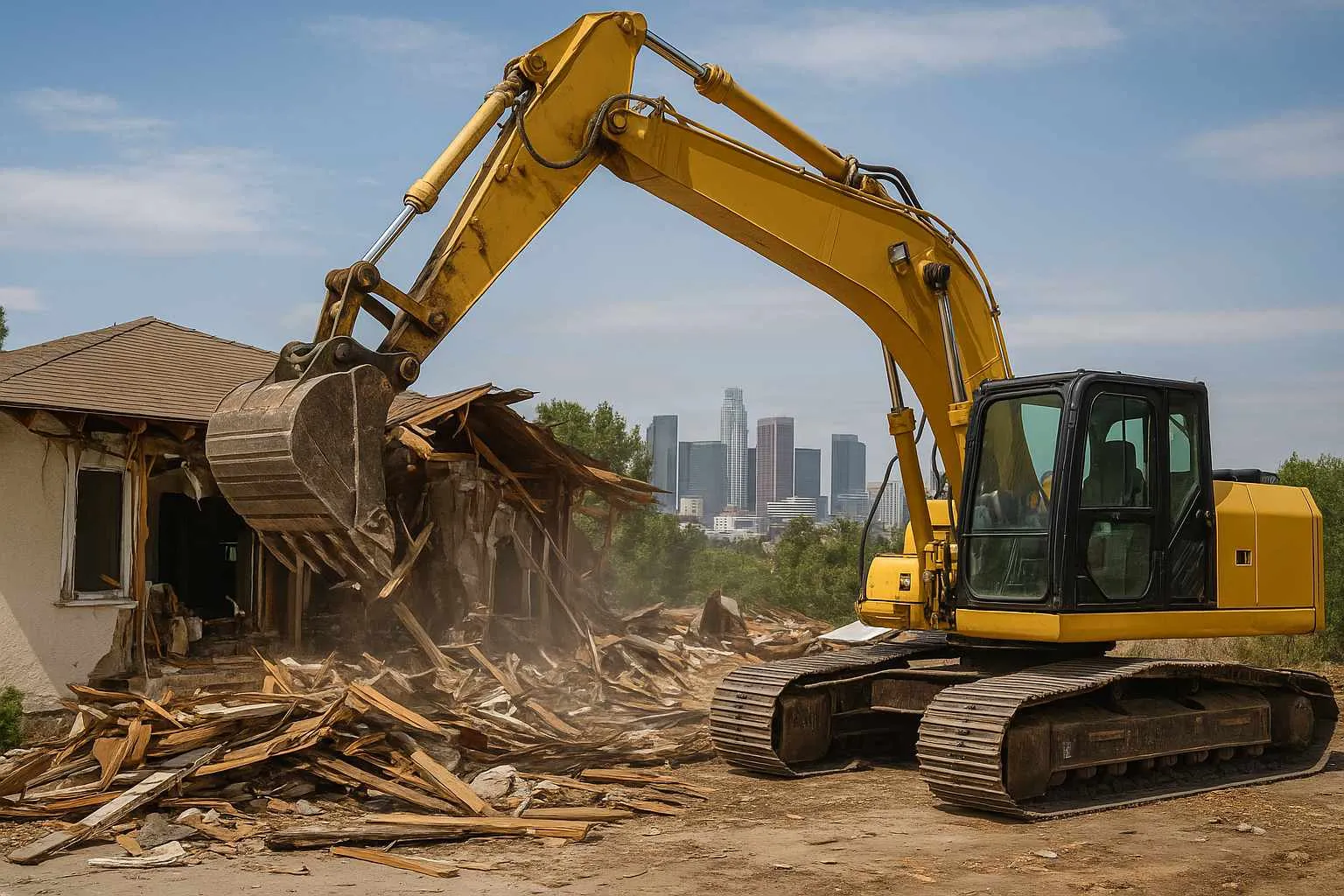 Excavator demolishing a house in Los Angeles