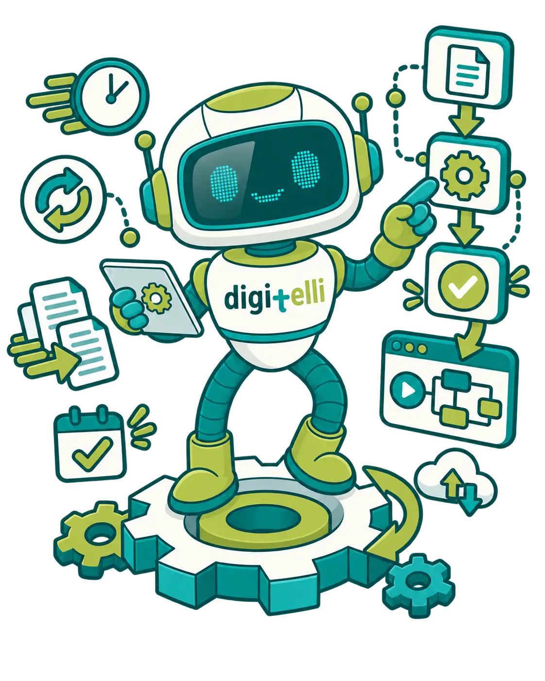 Digitelli KI-Roboter als Maskottchen für Digitalisierung, Automatisierung und moderne Technologien