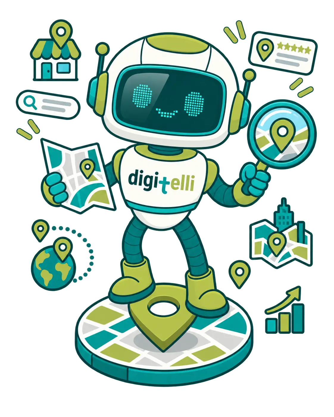 Digitelli KI-Roboter als Maskottchen für Digitalisierung, Automatisierung und moderne Technologien