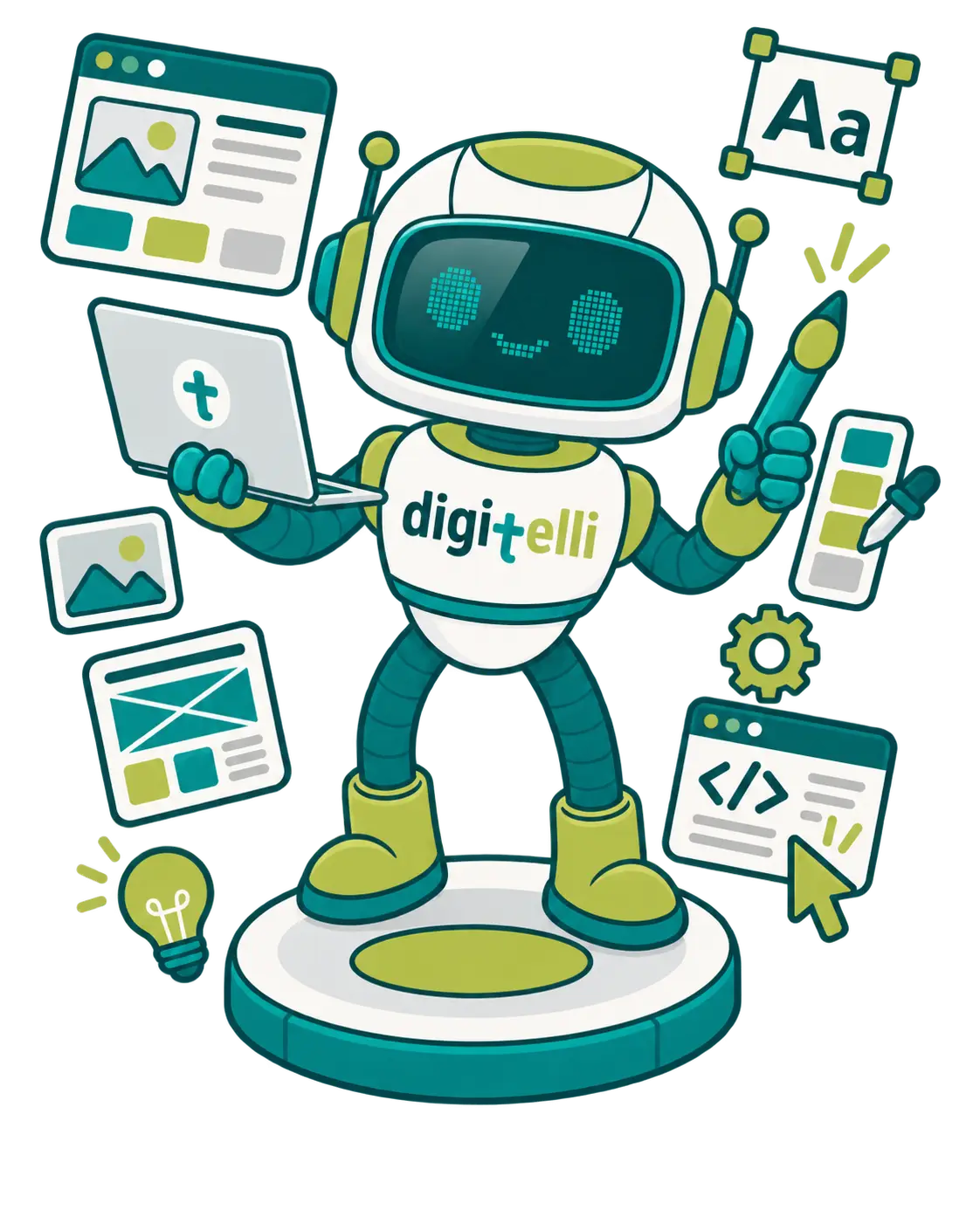 Digitelli KI-Roboter als Maskottchen für Digitalisierung, Automatisierung und moderne Technologien