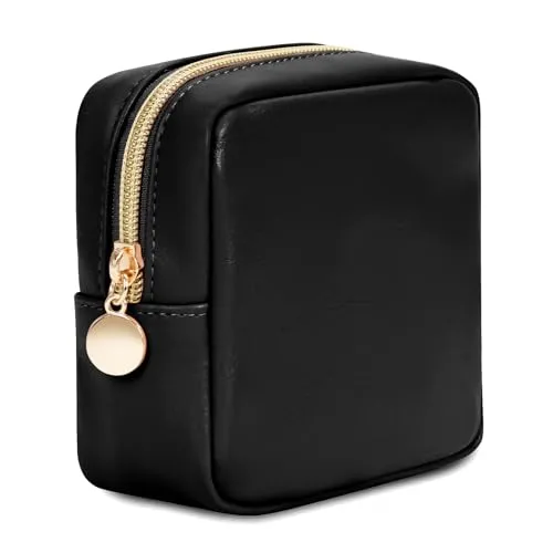 Wandering Nature Small Makeup Bag for Purse Mini Make up Pouch Cute Cosmetic Pouch for Women with Slip-in Pockets Eco Vegan Leather, Black