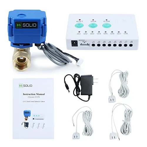 U.S. Solid Water Leak Detector - Water Leak Detect System with 3/4โ Motorized Ball Valve,Standard Port, Controller and 3 Sensors, Automatic Shut-Off Valve and Sound Alarm