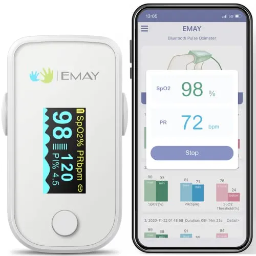 Home 28 EMAY Bluetooth Pulse Oximeter Fingertip | Blood Oxygen Saturation & Heart Rate Monitor | Compatible with iOS & Android Smartphones
