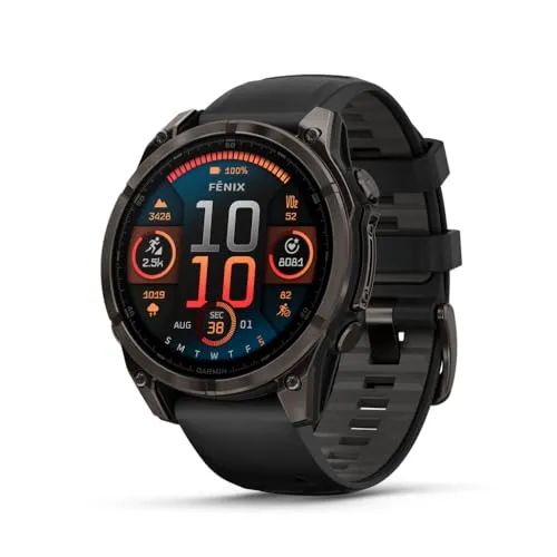 Garmin fฤnixยฎ 8 โ 47 mm, AMOLED, Sapphire, Premium Multisport GPS Smartwatch, Long-Lasting Battery Life, Dive-Rated, Built-in LED Flashlight, Carbon Gray DLC Titanium with Pebble Gray Band