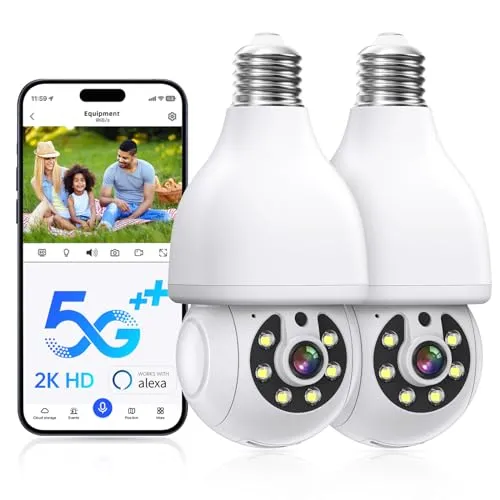 Jqimn Light Bulb Security Camera, 5G/2.4GHz 2K WiFi Lightbulb Security Cameras Wireless Outdoor Motion Human Detection,Two-Way Talk,Color Night Vision,Siren Alarm, Bulb Camera Work with Alexa (2Pcs)