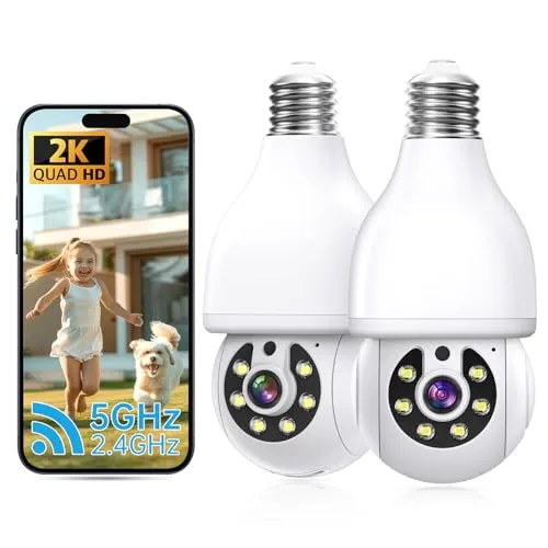 2K Light Bulb Security Camera 5G&2.4G WiFi Security Cameras Wireless Outdoor Indoor,360ยฐ Bulb Camera for Home Security Outside Indoor,Motion Detection and Alarm,Two-Way Talk,Color Night Vision(2 PACK)
