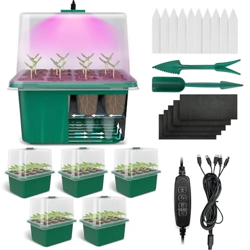 Products by Categories Grid 35 Seed Starter Tray, 5 Pack 60 Cells Indoor Seed Starter Kit with Grow Lights, Humidity Dome & Lids, Reusable Plant Seedling Tray Mini Greenhouse Gardening Germination Trays for Seeds Growing Starting