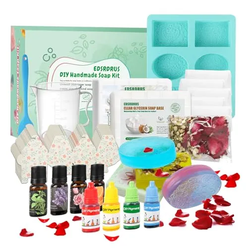 Products by Categories Grid 23 EDSRDRUS DIY Soap Making Kit Supplies for Beginners โ 2lbs Melt and Pour Soap Base, Flowers, Molds, Essential Oils, Pigments, 10 Gift Boxes & Bags Included!