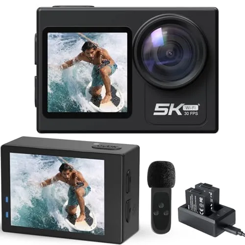 Haiita Action Camera 5K 30FPS with 2-in-1 Wireless Mic Remote, Waterproof Camera Underwater 131 FT with Touchable Screen, Sports Camera with EIS Stabilization, 5X Zoom