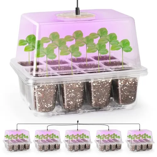 Home 46 Bonviee 5 Packs Seed Starter Tray with Grow Light, Elevated Seedling Starter Trays Kits with Adjustable Humidity Domes and Clear Cell Tray, 8 Full Spectrum led lamp Beads for Plants Indoor-Clear