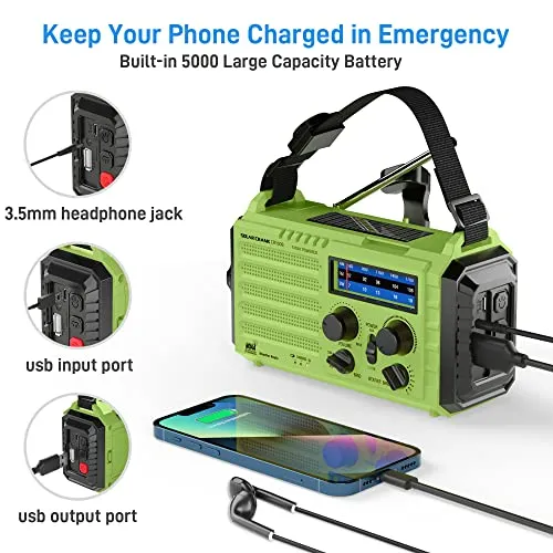 NOAA Weather Radio, Emergency Hand Crank Radio with Solar Charger, Portable Battery Operated AM FM Shortwave Radio with LED Flashlight, USB Charger, Earbud Jack, SOS Alert for Home Survival Hurricane 5 NOAA Weather Radio, Emergency Hand Crank Radio with Solar Charger, Portable Battery Operated AM FM Shortwave Radio with LED Flashlight, USB Charger, Earbud Jack, SOS Alert for Home Survival Hurricane - Image 5