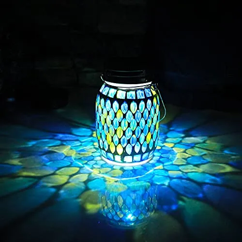Mosaic Solar Lanterns Outdoor Hanging Lights, Solar Table Lamps & Cool Blue Color Mosaic Glass Lights, Outdoor Waterproof Solar Night Lights, Garden,Patio,Pathway & Yard Dรฉcor