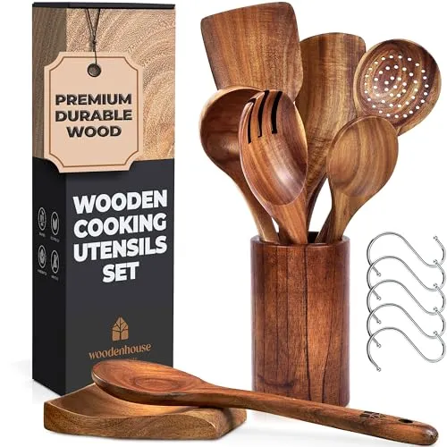 Wooden Spoons for Cooking โ Wooden Utensils for Cooking Set with Holder, Spoon Rest, Hooks, Teak Wood Nonstick Kitchen Cookware โ 8pcs by Woodenhouse