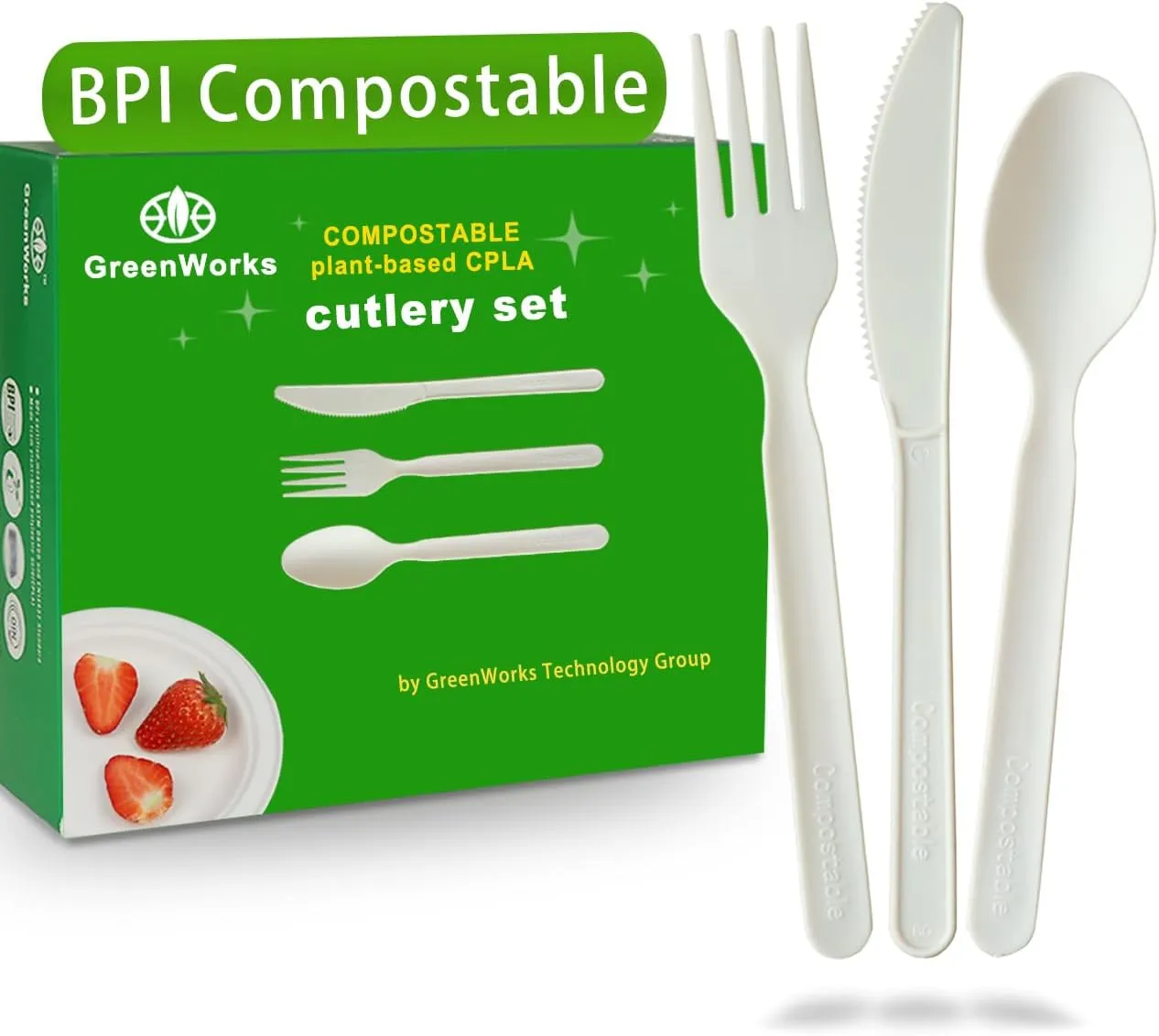 Products by Categories Grid 36 GreenWorks 150 Count 7″ Heavy-duty Compostable Utensils,50 Forks 50 Spoons 50 Knives Cutlery Set,BPI Certified Large Disposable Flatware Set
