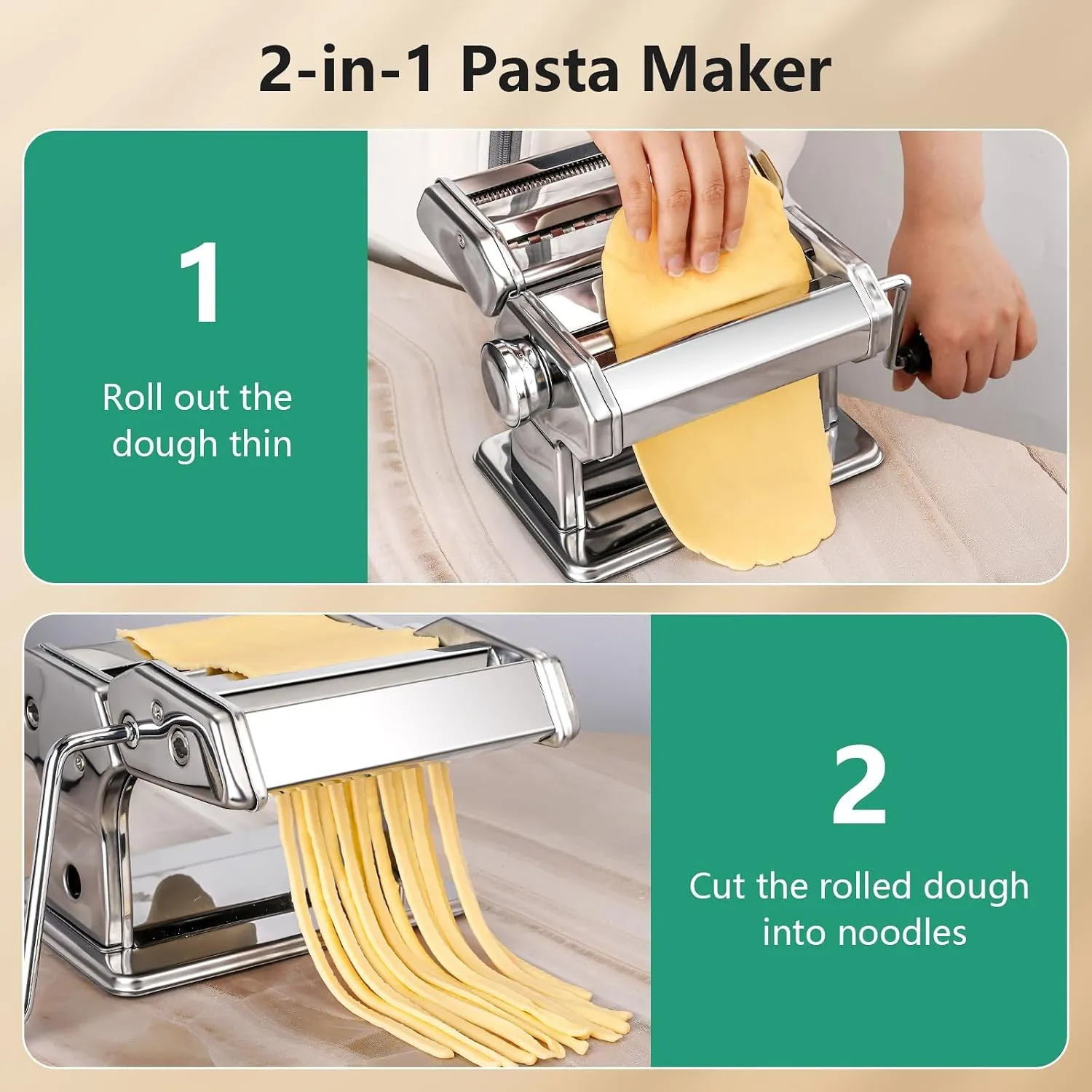 Manual Pasta Maker Machine, Stainless Steel Pasta Roller and Cutter with 7 Adjustable Thickness Settings, Dual Width Noodle Maker for Pasta, Spaghetti, Fettuccine, Lasagna 2 Manual Pasta Maker Machine, Stainless Steel Pasta Roller and Cutter with 7 Adjustable Thickness Settings, Dual Width Noodle Maker for Pasta, Spaghetti, Fettuccine, Lasagna - Image 2