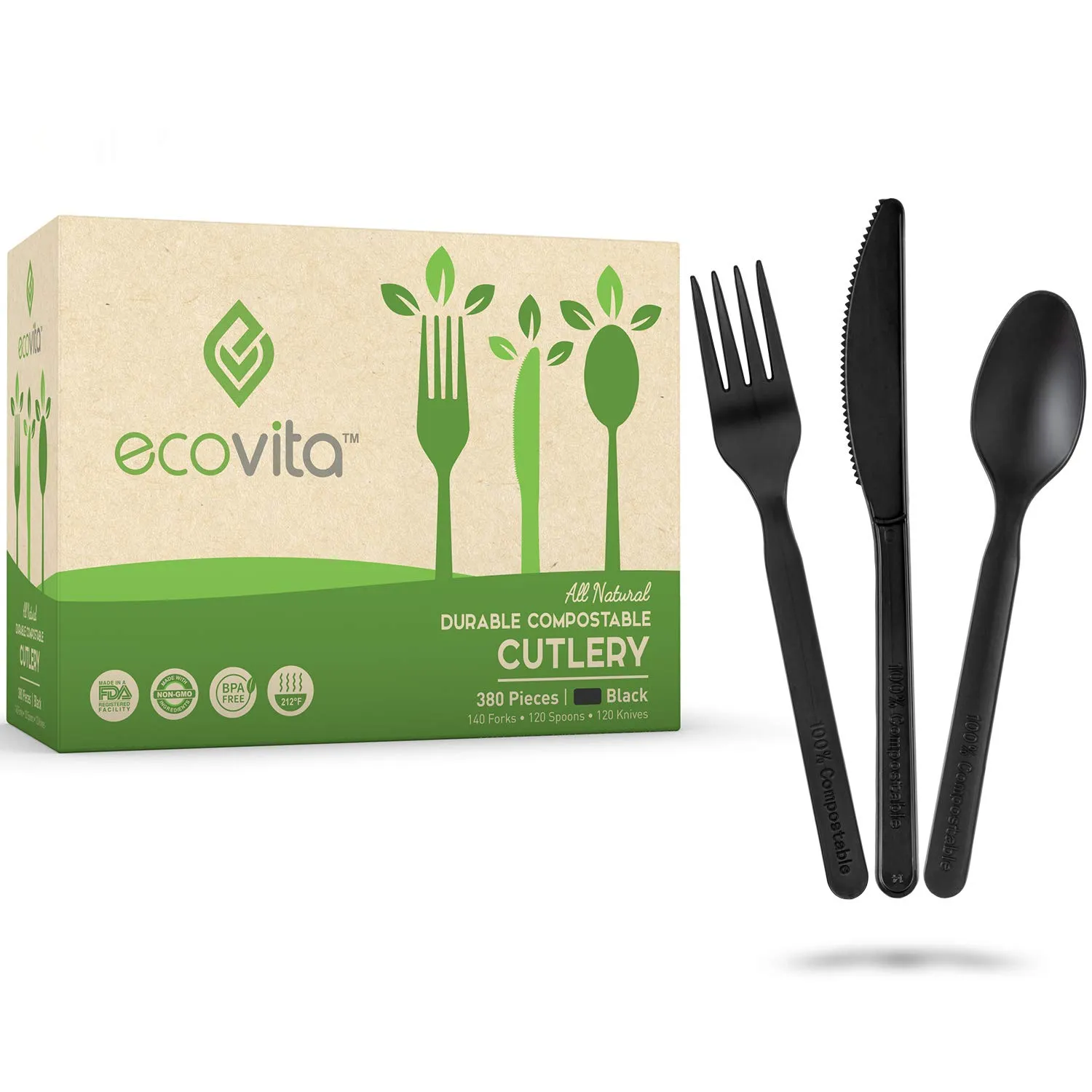 Products by Categories Grid 38 100% Compostable Forks Spoons Knives Cutlery Combo Set – 380 Large Disposable Utensils (7 in.) Eco Friendly Durable and Heat Resistant Alternative to Plastic Silverware with Convenient Tray