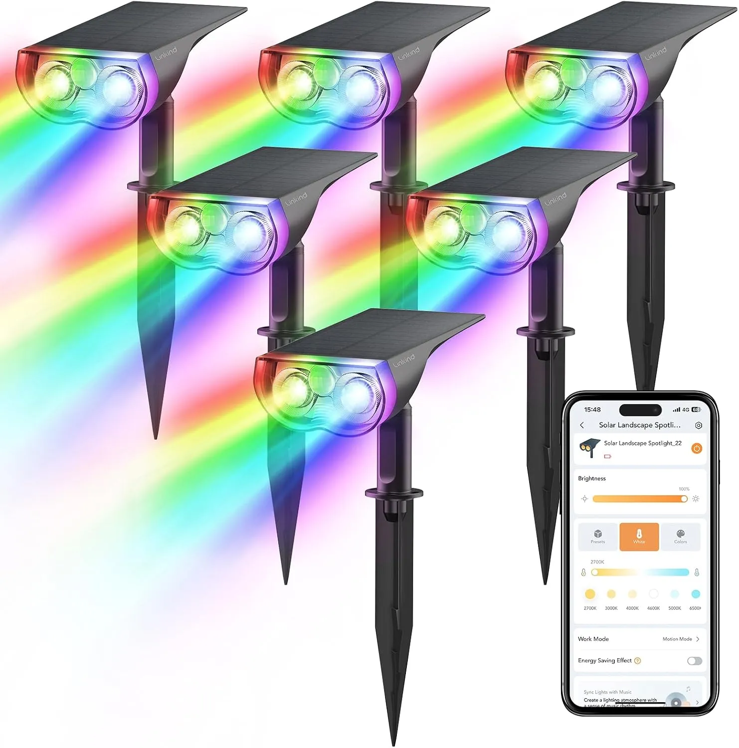 Home 36 Linkind Smart Solar Spotlight SL5, Cool/Warm White Solar lights Outdoor, Solar Landscape Lighting with APP Control, IP65 Waterproof Solar Spotlights Outdoor, RGBTW Solar Lights for Outside (6 Pack)