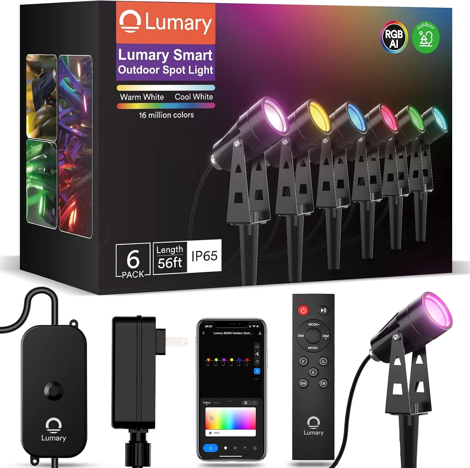 Home 56 Lumary 56Ft Smart Landscape Lights Waterproof, 6 Pack Low Voltage Landscape Lighting, RGBAIWW Color Changing Landscape Spotlight Outdoor Lights for Yard Garden Patio, WiFi APP/Voice/Remote Control