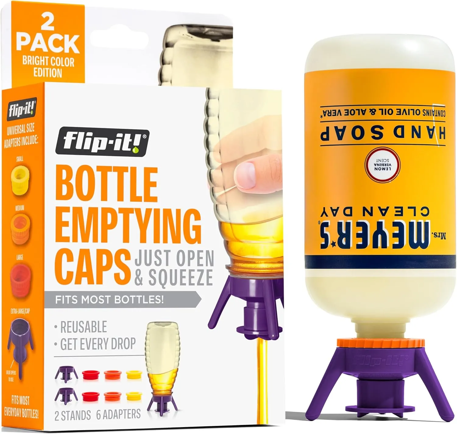 Home 54 2-Pack Premium Bottle Emptying Kit โ No More Wasted Product - Fits Most Plastic Bottles โ Get Out Every Drop of Shampoos, Lotions, & More โ 2 Base Caps, 6 Adapters โ Bright Color Edition