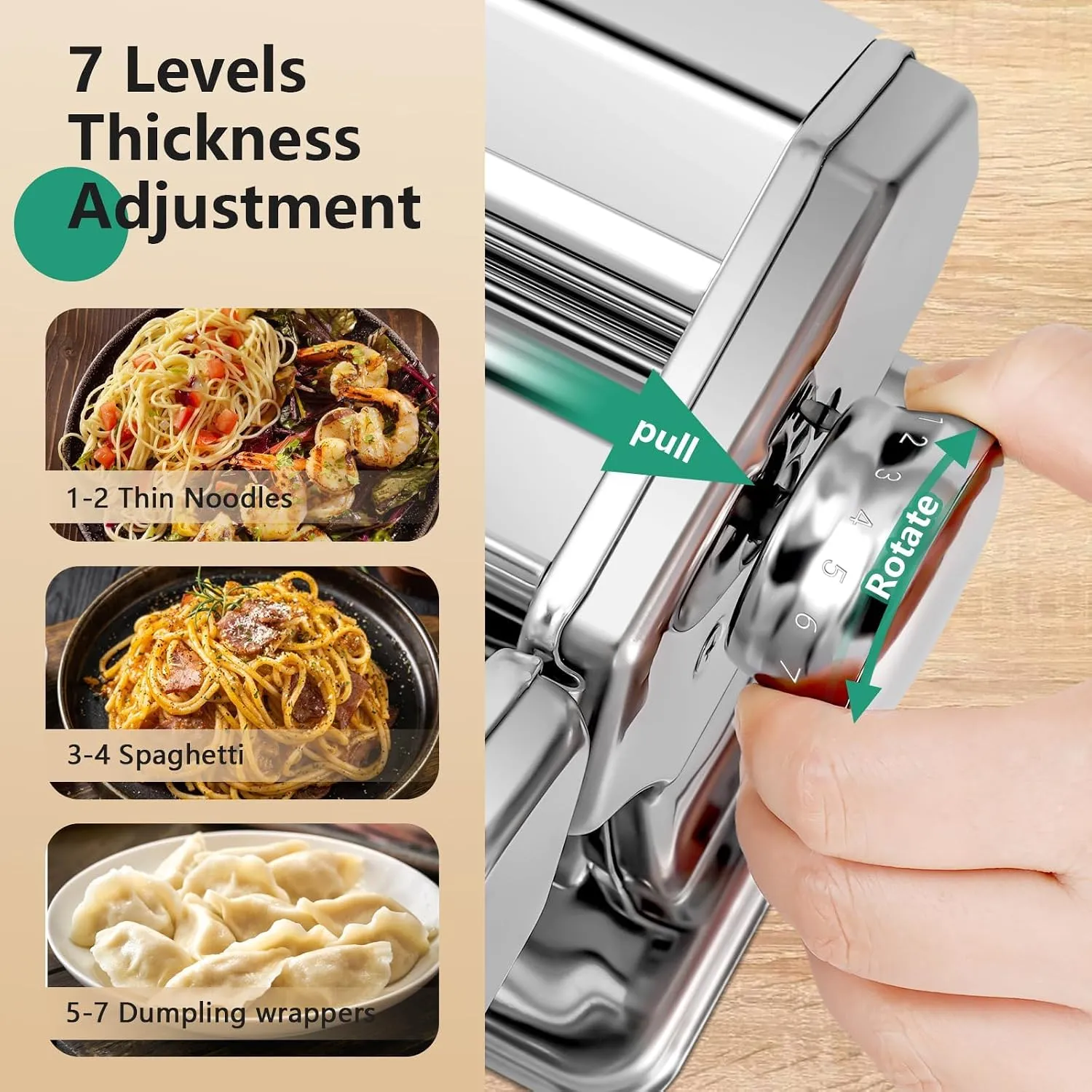 Manual Pasta Maker Machine, Stainless Steel Pasta Roller and Cutter with 7 Adjustable Thickness Settings, Dual Width Noodle Maker for Pasta, Spaghetti, Fettuccine, Lasagna 3 Manual Pasta Maker Machine, Stainless Steel Pasta Roller and Cutter with 7 Adjustable Thickness Settings, Dual Width Noodle Maker for Pasta, Spaghetti, Fettuccine, Lasagna - Image 3