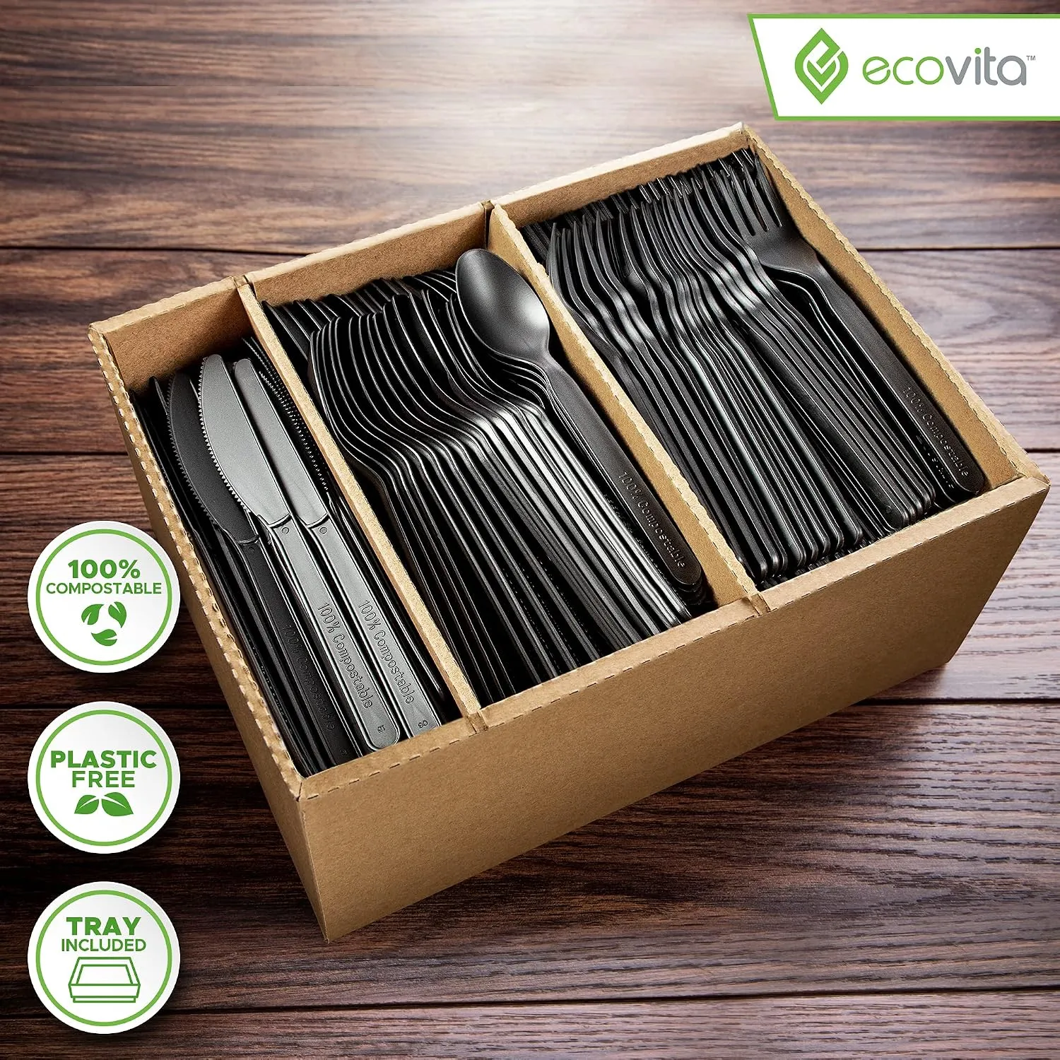 100% Compostable Forks Spoons Knives Cutlery Combo Set - 380 Large Disposable Utensils (7 in.) Eco Friendly Durable and Heat Resistant Alternative to Plastic Silverware with Convenient Tray 2 100% Compostable Forks Spoons Knives Cutlery Combo Set - 380 Large Disposable Utensils (7 in.) Eco Friendly Durable and Heat Resistant Alternative to Plastic Silverware with Convenient Tray - Image 2