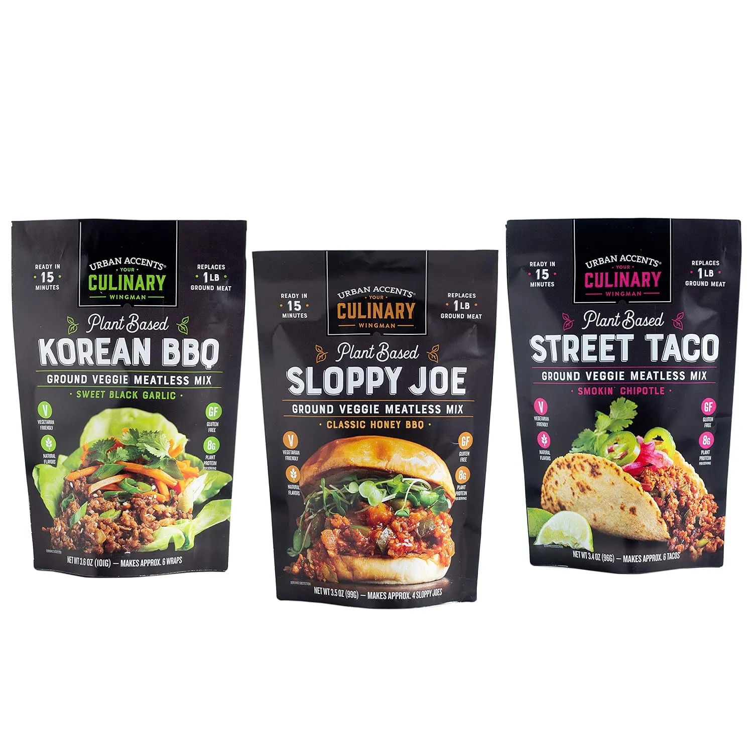 Urban Accents Plant Based Meatless Mixes โ Gluten Free Plant Based Protein & Seasoning Blends โ Vegetarian Korean BBQ Mix, Sloppy Joe Mix & Taco Mix