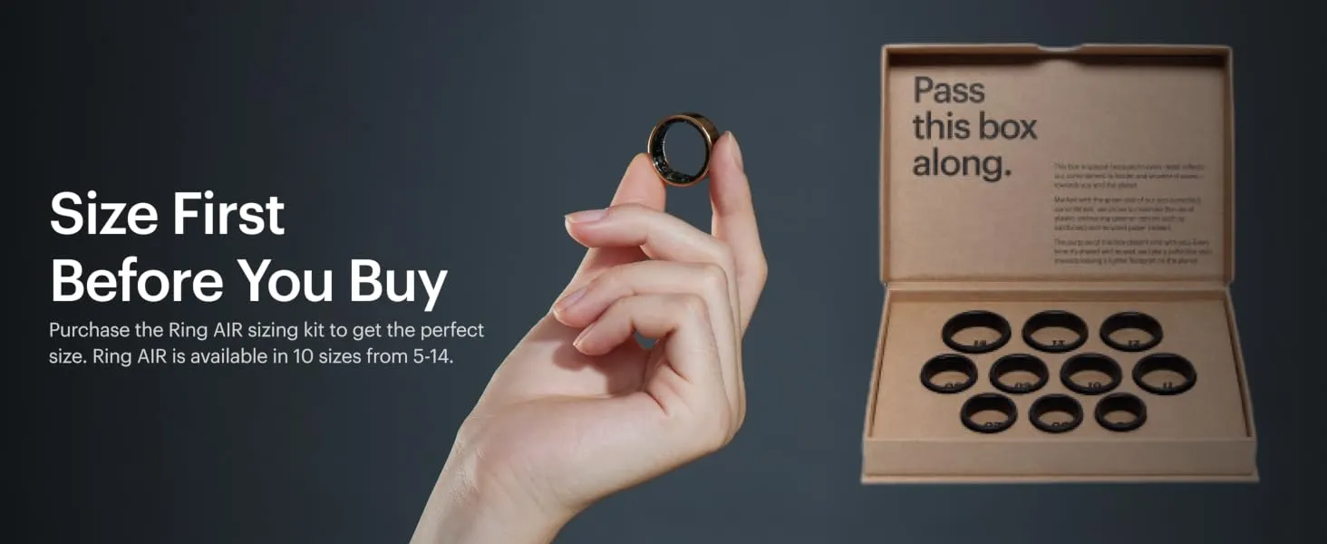 Ring AIR-Smart Ring Health Tracker, Size First with Ultrahuman Sizing Kit, Sleep Tracker, Smart Ring for Men/Women, Fitness Tracker (Size 9) 3 Purchase the Ring AIR sizing kit to get the perfect size. Ring AIR is available in 10 sizes.