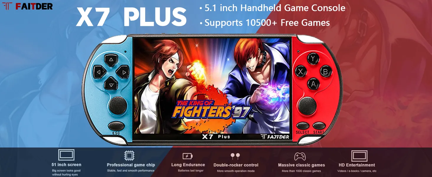 X7Plus 5.1-inch Portable Retro Handheld Game Console, Support 10500+ Free Games PS1/GBC/GBA/FC/MD/Arcade, Dual Joystick Console/MP3/MP4/MP5/Video/Music Birthday Gift for Kids๏ผRed & Blue๏ผ 6 pac man arcade machines