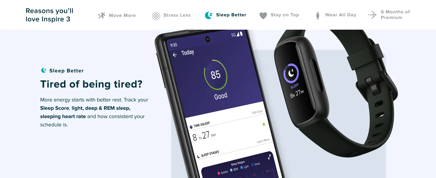 Fitbit Inspire 3 Health &-Fitness-Tracker with Stress Management, Workout Intensity, Sleep Tracking, 24/7 Heart Rate and more, Midnight Zen/Black One Size (S & L Bands Included) 11 sleep better, track your sleep score